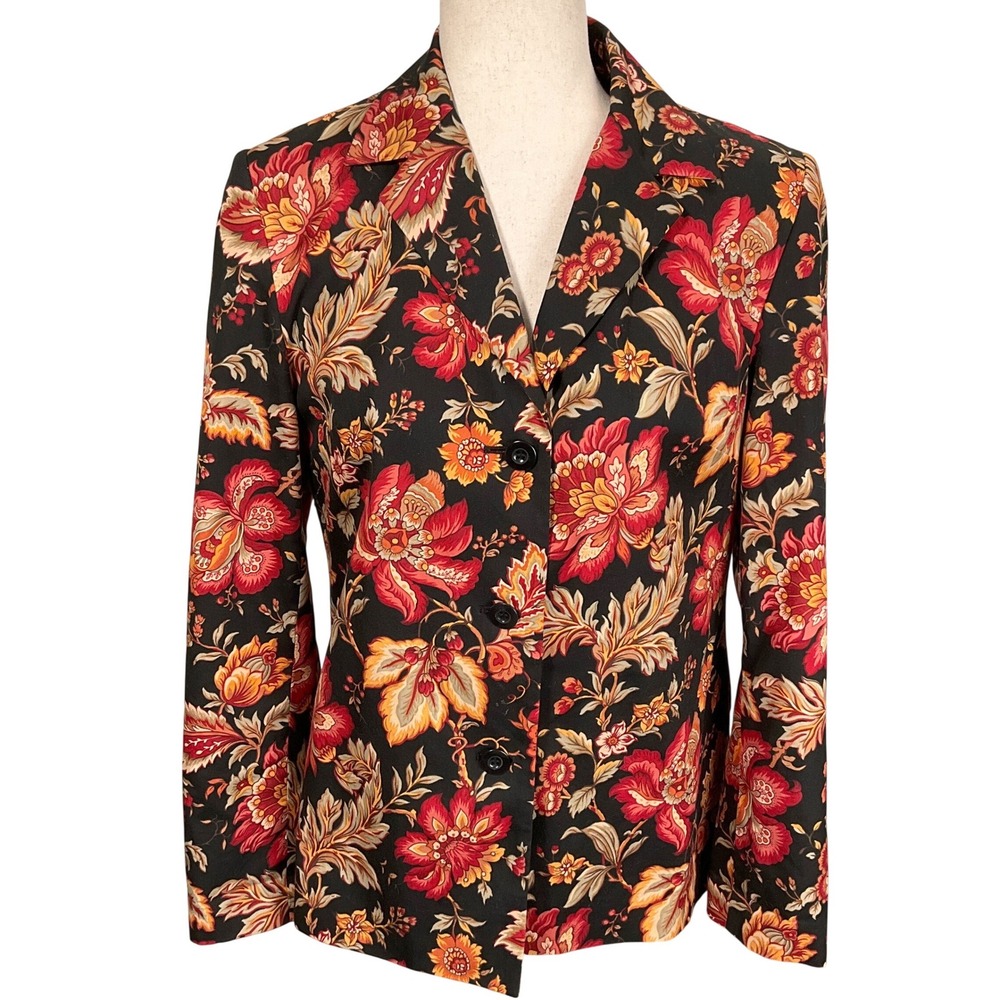 Talbots Blazer‎ Womens 4 Black Red Floral Artsy Statement Lightweight Jacket
